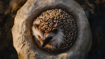 Poster - Photo of a hedgehog shot direction from above pose curled up time of day dawn