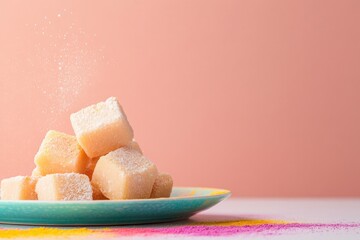 Piled sugar cubes on vibrant plate against soft pastel backdrop