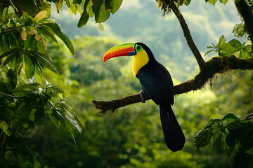 Keel-billed Toucan, Ramphastos sulfuratus, bird with big bill. Toucan sitting on the branch in the forest, Boca Tapada, green vegetation, Costa Rica. Nature travel in central America.