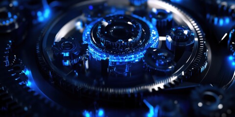 Poster - Futuristic mechanical gears with glowing blue accents, intricate design showcasing technology and precision engineering