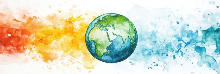 Poster - Colorful watercolor illustration of Earth surrounded by vibrant splashes of orange, yellow, and blue, symbolizing diversity and unity