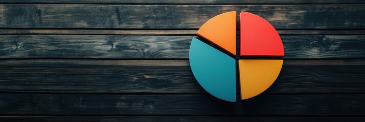 Poster - Colorful pie chart on wooden background representing data visualization and analysis