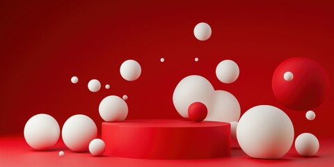Poster - Red and White Geometric Shapes Display with Spheres and Circular Platform in Minimalist Design