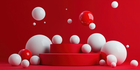 Poster - Red and White Geometric Shapes with Spheres and Pedestal Display for Modern Design