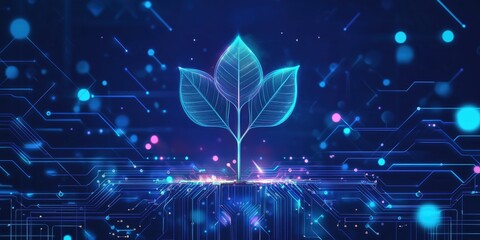  - Digital plant growth symbolizing technology and nature integration, featuring glowing leaves and circuit patterns on a blue background