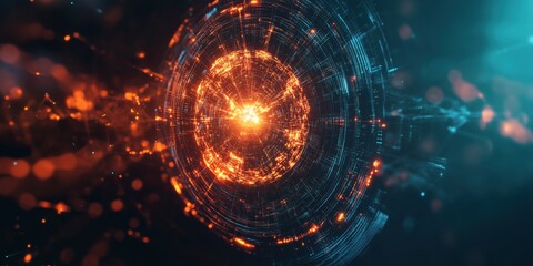 Poster - Abstract glowing sphere with dynamic light trails and energy patterns, representing technology and innovation