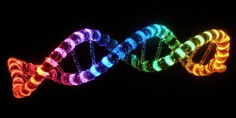 Poster - Colorful 3D DNA Helix Model with Vibrant Light Effects and Rainbow Spectrum