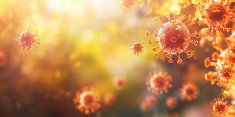 Poster - Vibrant depiction of virus particles in a luminous environment showcasing intricate details and textures of viral structures