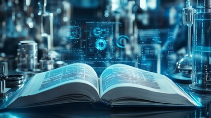 A book open to a page with scientific symbols background