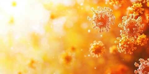 Poster - Vibrant depiction of coronavirus particles against a glowing orange background, illustrating viral structure and transmission dynamics