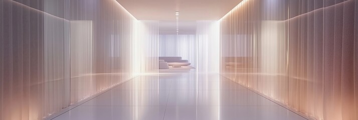 Poster - Modern minimalist hallway with soft lighting and sheer curtains leading to a cozy seating area