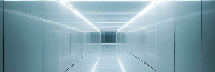 Poster - Futuristic corridor with sleek white walls and bright LED lighting creating a modern, minimalist aesthetic
