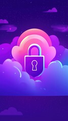 Poster - cloud security concept with lock symbol surrounded by colorful clouds and stars, representing data p