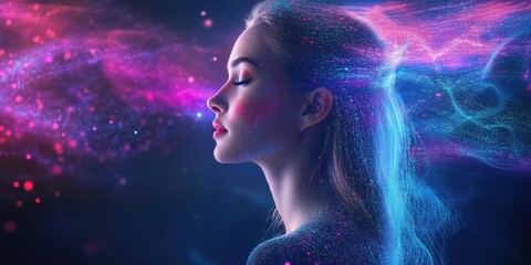 Poster - Ethereal Woman Surrounded by Colorful Light Trails and Cosmic Energy, Captivating Portrait of Serenity and Imagination