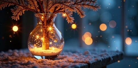 Wall Mural - Glowing tree lights reflected in a still glass vase, winter wonderland, sparkling lights