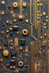 Poster - Abstract close-up of intricate circuit board design featuring golden components and dark background, showcasing technology and innovation