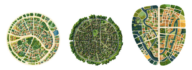 Aerial view of three distinct urban and rural layouts on transparent background