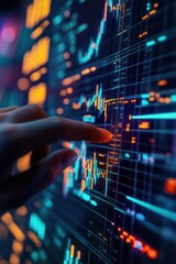 Poster - Stock market analysis with digital interface, finger pointing at financial data, vibrant colors, trading graphs, technology, investment insights