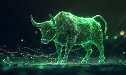 Poster - Digital Bull Sculpture in Neon Green, Representing Strength and Resilience in Financial Markets