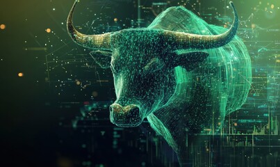 Poster - Digital Bull Symbolizing Strength and Resilience in Financial Markets with Data Visualization Elements