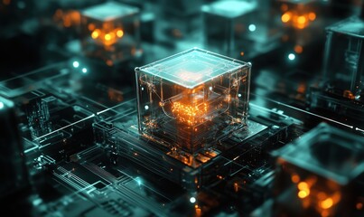 Poster - Futuristic glowing cube technology in digital circuit board environment showcasing advanced computing and data processing