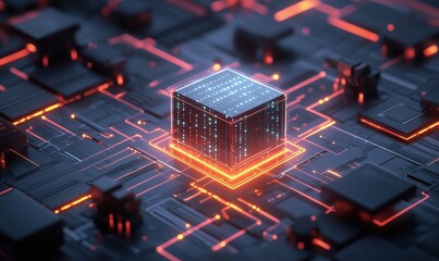  - Futuristic microchip surrounded by glowing circuitry, showcasing advanced technology and digital innovation