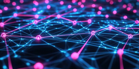 Poster - Abstract digital network visualization with glowing blue and pink nodes and connections, representing data flow and technology concepts