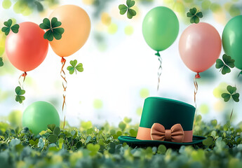 Wall Mural - banner copy space with hat and balloons with clover background