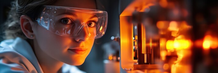 Poster - Scientist in Laboratory with Safety Goggles Observing Advanced Equipment and Experiments