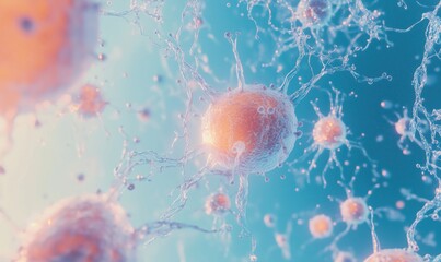 Poster - Microscopic view of vibrant cells with intricate structures and fluid dynamics, showcasing biological processes and cellular interactions