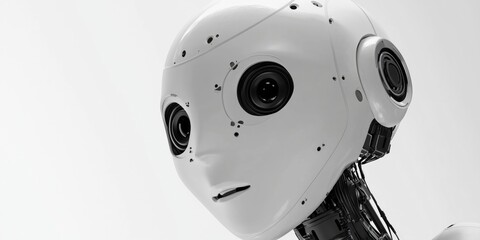 Poster - Futuristic humanoid robot head with expressive features, sleek design, and advanced technology, showcasing artificial intelligence and robotics innovation