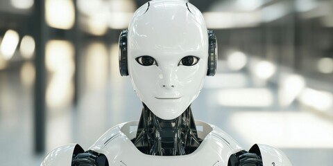 Poster - Futuristic humanoid robot with sleek design and expressive face, showcasing advanced artificial intelligence and technology in a modern environment