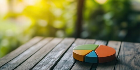 Poster - Colorful pie chart on wooden table representing data analysis and statistics in a natural setting with blurred greenery background