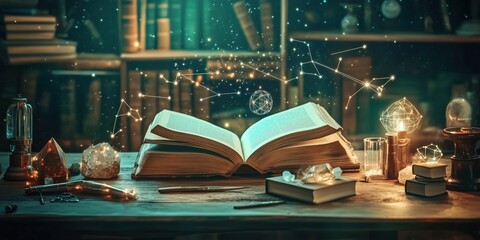 Poster - Magical open book with glowing constellations and crystals, enchanting library atmosphere, mystical elements, warm lighting, knowledge and wonder