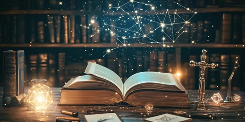 Poster - Mystical open book with glowing constellations above, surrounded by ancient books, candles, and geometric shapes in a dimly lit library