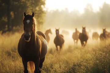 Wall Mural - Pregnant mare leading herd of horses at sunrise in misty field