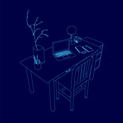 Poster - Computer desk with a laptop, a vase, and a book. The desk is blue, and the laptop is on top of it. The vase is on the left side of the desk