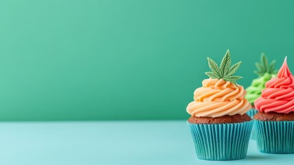 Wall Mural - Colorful cannabis-infused cupcakes with decorative toppings, perfect for a vibrant and unique dessert experience.