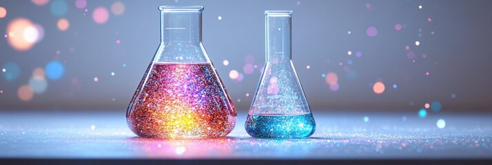 Colorful liquids in beakers, lab experiment, bokeh background, science research