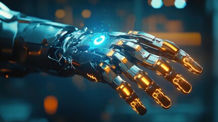 Poster - Futuristic Robotic Arm With Glowing Elements Showcasing High Technology Detail