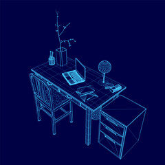 Poster - Computer desk with a laptop, a vase, a book, and a chair. The desk is blue, and the laptop is open. The vase is on the left side of the desk