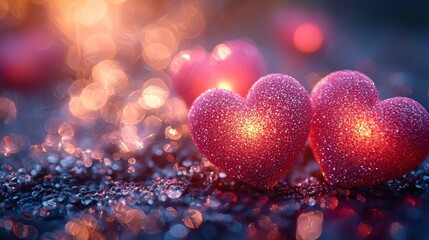 Wall Mural - two glowing glittery pink hearts on a sparkling surface with warm bokeh lights creating a romantic a