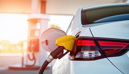 Poster - White car refueling at a gas station during daylight with a fuel pump inserted into the tank. The scene is bright and clear. hd image