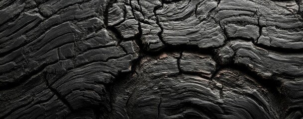 Black wood grain texture background, detailed cross-section of a tree trunk with intricate patterns and textures