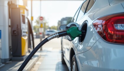 Poster - White car refueling at a gas station during daylight with a fuel pump inserted into the tank. The scene is bright and clear. hd image