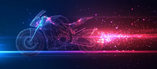 Poster - Glowing wireframe motorcycle in motion against a dark blue starry backdrop illustrates modern abstract art