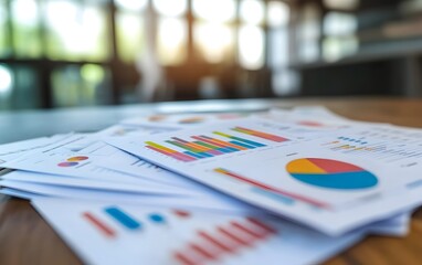 Poster - A close-up of financial reports featuring colorful graphs and charts on a wooden table, showcasing data analysis and statistics for business decision-making.