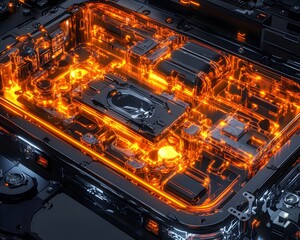 Poster - A close-up view of a futuristic circuit board illuminated by vibrant orange lights, showcasing advanced technology and intricate designs, perfect for sci-fi and tech themes.