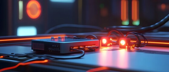 Poster - A close-up view of a modern technology setup featuring a sleek device with illuminated indicators and intricate wiring, embodying the essence of innovation and connectivity.