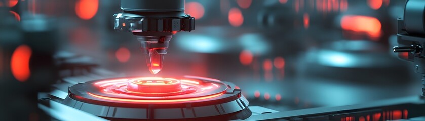 Poster - A close-up view of an advanced robotic arm with a glowing red light, showcasing intricate machinery and a futuristic environment, perfect for technology-themed projects.
